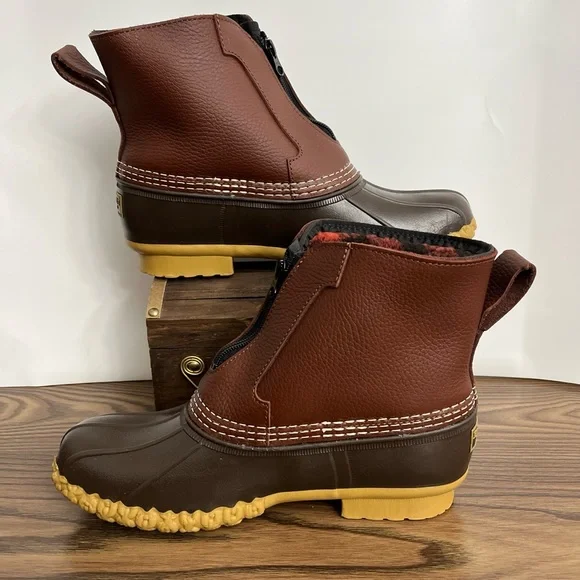LL Bean Brown Leather 7" Front Zip Fleece Lined Insulated Duck Boots Women sz 9 - Picture 4 of 12